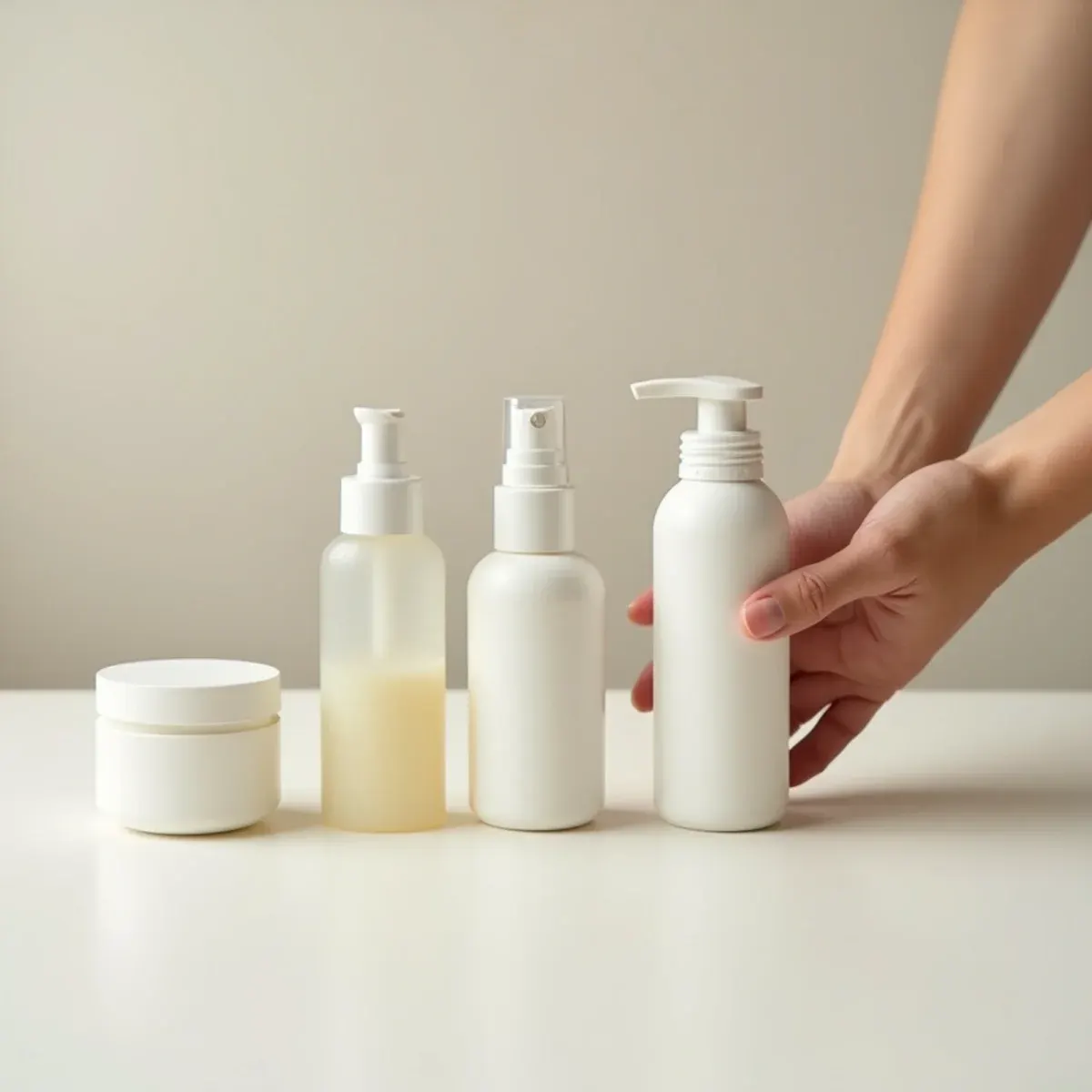 Skincare serums and moisturizers arranged to illustrate common active ingredients